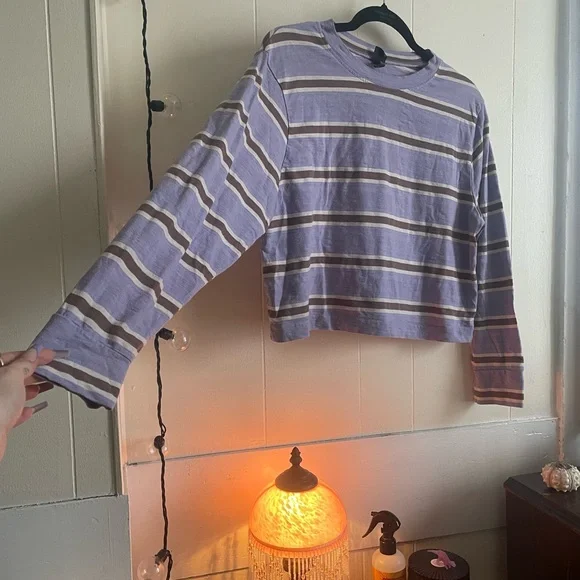Wild Fable Striped Longsleeve Purple Brown White Crop Top Spring Summer Airy - Picture 6 of 6